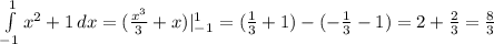 \int\limits^1_{-1} {x^2+1} \, dx = ({x^3\over3}+x)|_{-1}^1=({1\over3}+1)-(-{1\over3}-1)=2+{2\over3}={8\over3}