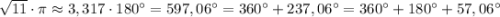 \sqrt{11}\cdot \pi \approx 3,317\cdot 180^\circ =597,06^\circ =360^\circ +237,06^\circ =360^\circ +180^\circ +57,06^\circ