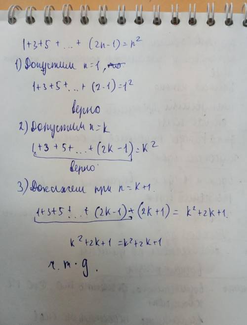 Доведите методом индукции1+3+5++(2n-1)=n^2 , n є n​