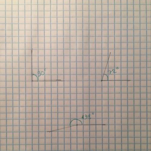 Начертите угол,градусная мера которого,равна: 90 градусов,72 градуса и 198 градусов,с объяснением и