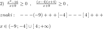 2)\; \; \frac{x^2-16}{x+9}}\geq 0\; \; ,\; \; \; \frac{(x-4)(x+4)}{x+9}\geq 0\; ,\\\\znaki:\; \; \; ---(-9)+++[-4\, ]---[\, 4\, ]+++\\\\x\in (-9\, ;-4\, ]\cup [\; 4\, ;+\infty )