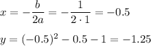 x=-\dfrac{b}{2a}=-\dfrac{1}{2\cdot 1}=-0.5\\ \\ y=(-0.5)^2-0.5-1=-1.25