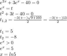 e^2^x+3e^x-40=0\\e^x=t\\t^2+3t-40=0\\ t_{1,2}=\frac{-3(+-)\sqrt{9+160} }{2}=\frac{-3(+-)13}{2}\\\\t_{1}=5\\t_{2}=-8\\e^x0\\e^x=5\\x=ln5