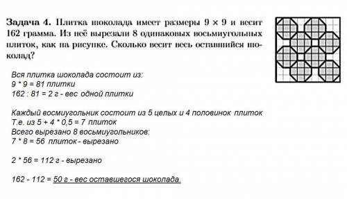 Плитка шоколада имеет размеры 9x9 и весит 162 грамма. из неё вырезали 8 одинаковых восьмиугольных пл