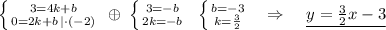 \left \{ {{3=4k+b} \atop {0=2k+b\, |\cdot (-2)}} \right.\; \oplus \; \left \{ {{3=-b} \atop {2k=-b}} \right.\; \; \left \{ {{b=-3} \atop {k=\frac{3}{2}}} \right.\; \; \; \Rightarrow \; \; \; \; \underline {y=\frac{3}{2}x-3}