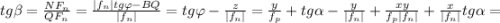 tg \beta = \frac{ NF_n }{ QF_n } = \frac{ |f_n| tg \varphi - BQ }{ |f_n| } = tg \varphi - \frac{z}{ |f_n| } = \frac{y}{ f_p } + tg \alpha - \frac{y}{ |f_n| } + \frac{xy}{ f_p |f_n| } + \frac{x}{ |f_n| } tg \alpha =