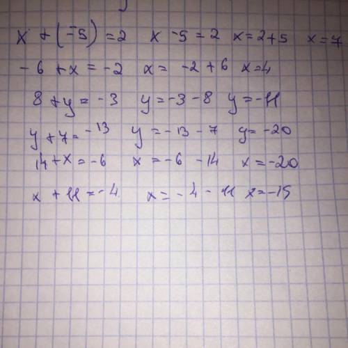 433. решите уравнение и сделайте проверку: 1) x+(-5) = 2; 4) – 6 + х = -2; 2) 8 + y = -3; 5) y + 7 =