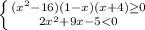 \left \{ {{(x^{2}-16)(1-x)(x+4)\geq0} \atop {2x^{2}+9x-5