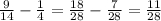 \frac{9}{14} - \frac{1}{4} = \frac{18}{28} - \frac{7}{28} = \frac{11}{28}