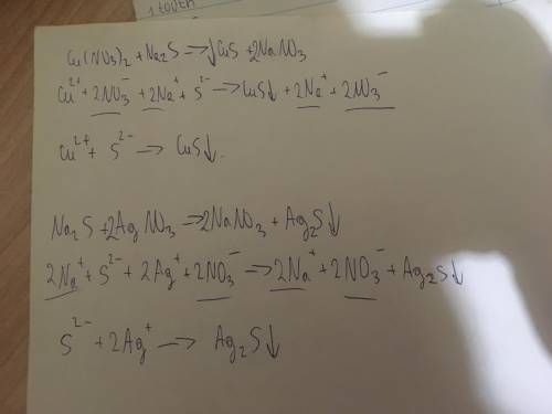 Напишите уравнение реакций в полном и сокращённом ионном виде 1. cu(no3)2 + na2s =2. na2s + agno3 =​