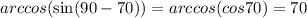 arccos( \sin(90 - 70) ) = arccos(cos70) = 70