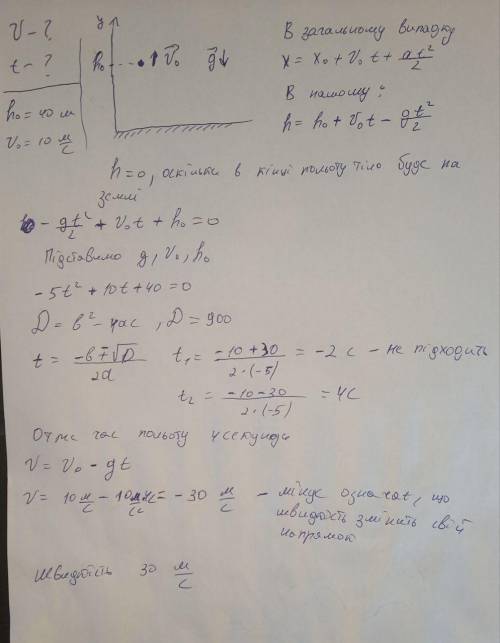 Тело брошенное в верх с высоты 40 м. с начальной скоростью 10 м/c. найти скорость у поверхности земл