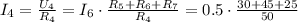 I_4 = \frac{ U_4 }{ R_4 } = I_6 \cdot \frac{ R_5 + R_6 + R_7 }{ R_4 } = 0.5 \cdot \frac{ 30 + 45 + 25 }{ 50 }