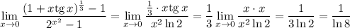 \displaystyle \lim_{x \to 0}\frac{(1+x{\rm tg}\, x)^{\frac{1}{3}}-1}{2^{x^2}-1}=\lim_{x \to 0}\frac{\frac{1}{3}\cdot x{\rm tg}\, x}{x^2\ln 2}=\frac{1}{3}\lim_{x \to 0}\frac{x\cdot x}{x^2\ln 2}=\frac{1}{3\ln 2}=\dfrac{1}{\ln 8}