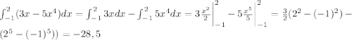 \[\int_{-1}^{2}(3x-5x^4)dx=\int_{-1}^{2}3xdx-\int_{-1}^{2}5x^4dx= 3\frac{x^2}{2}\bigg|_{-1}^{2}-5\frac{x^5}{5}\bigg|_{-1}^{2}= \frac{3}{2}(2^2-(-1)^2)-(2^5-(-1)^5))=-28,5\]