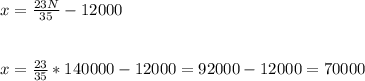 x=\frac{23N}{35}-12000\\ \\\\x=\frac{23}{35}*140000-12000 =92000-12000=70000\\ \\