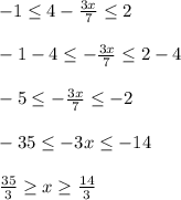 -1\leq 4-\frac{3x}{7} \leq 2\\\\-1-4\leq -\frac{3x}{7}\leq 2-4\\\\-5\leq -\frac{3x}{7}\leq -2\\\\-35\leq -3x\leq -14\\\\\frac{35}{3}\geq x\geq \frac{14}{3}