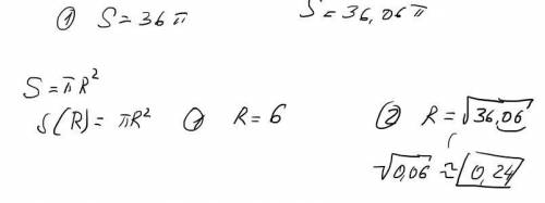 На сколько приблизительно изменится аргумент функции? круг s(круга)=36п до s(круга)=36.06п