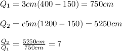 Q_{1} =3cm(400-150)=750cm\\\\Q_{2} =c5m(1200-150)=5250cm\\\\\frac{Q_{2} }{Q_{1} } =\frac{5250cm}{750cm} =7