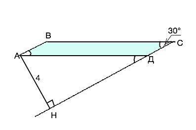 Впараллелограмме авсд периметр равен 18см. с=30 градусов, а перпендикуляр к прямой сд равен 4см. най