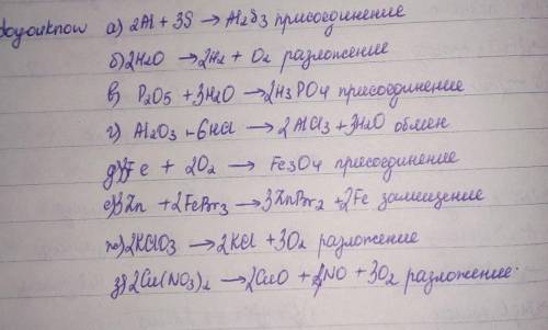 Расставьте коэффициенты реакцийа) al+ s → al2s3б) н2о → н2+ о2в) р2о5+н2о → н3ро4г) al2o3+ hcl → alc