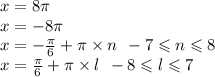 x = 8\pi \\ x = - 8\pi \\ x = - \frac{\pi}{6} + \pi \times n \: \: - 7 \leqslant n \leqslant 8\\ x = \frac{\pi}{6} + \pi \times l \: \: - 8 \leqslant l \leqslant 7