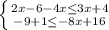 \left \{ {{2x-6-4x\leq 3x+4} \atop {-9+1\leq-8x+16}} \right.