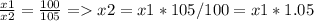 \frac{x1}{x2}=\frac{100}{105}=x2=x1* 105 /100 = x1*1.05