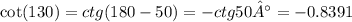 \cot(130) = ctg(180-50)= -ctg 50° = - 0.8391
