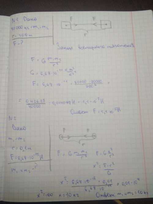 Решить эти . 1. с какой силой притягиваются два вагона массой по 80 т каждый, если расстояние между