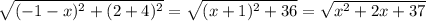 \sqrt{(-1-x)^2+(2+4)^2}=\sqrt{(x+1)^2+36}=\sqrt{x^2+2x+37}