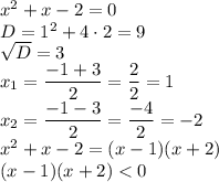 x^2+x-2=0\\D=1^2+4 \cdot 2=9\\\sqrt{D}=3\\x_1=\dfrac{-1+3}{2}=\dfrac{2}{2}=1\\x_2=\dfrac{-1-3}{2}=\dfrac{-4}{2}=-2\\x^2+x-2=(x-1)(x+2)\\(x-1)(x+2)