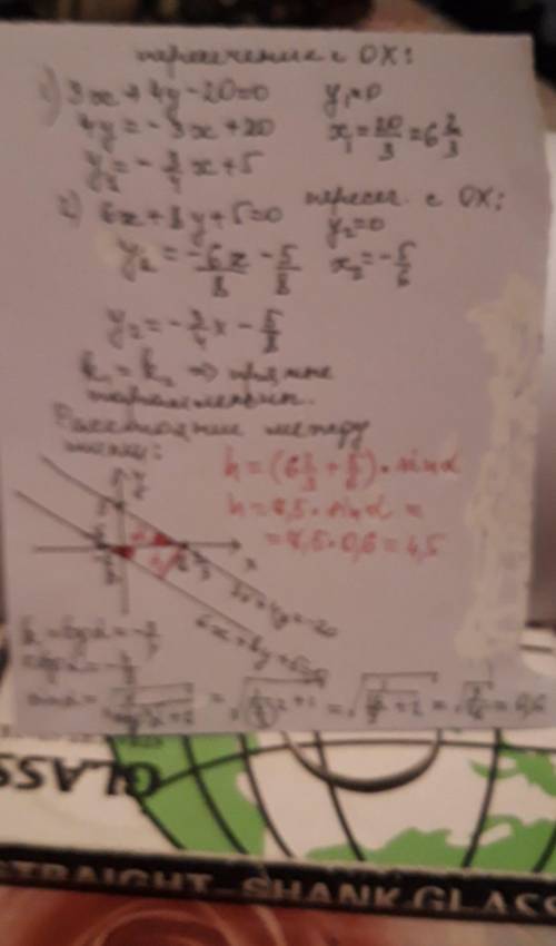 Найти расстояние между параллельными прямыми 3x+4y-20=0 6x+8y+5=0​