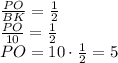 \frac{PO}{BK}=\frac12\\\frac{PO}{10}=\frac12\\PO=10\cdot\frac12=5