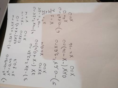 Решить неполное квадратное уравнение 1) х^2-0,49 =0; 2) -0,8*х^2+3,2*x=0; 3)-7*x^2+2,8*x=0; 4) -4