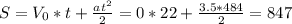 S=V_{0} *t+\frac{at^2}{2} =0*22+\frac{3.5*484}{2} =847