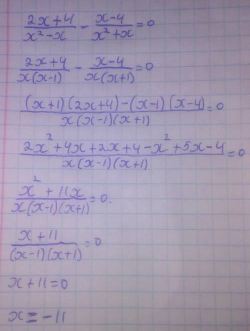 решите уравнение 2x+4/x^2-x - x-4/x^2+x=0