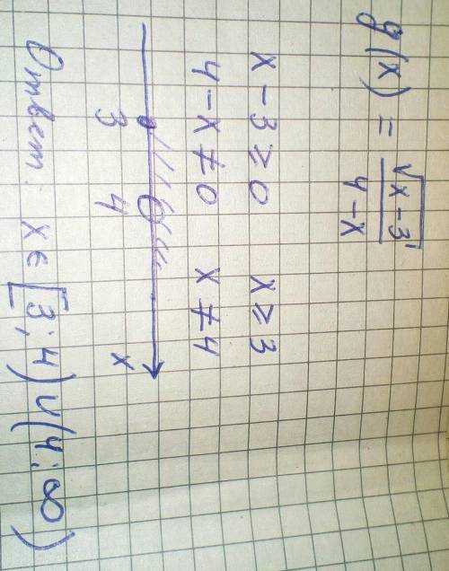 Найдите область определения функции g(x)=√x−3/4−x (числитель в полностью в корне)