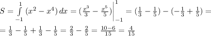 S=\int\limits^1_{-1} {(x^2-x^4)} \, dx= (\frac{x^3}{3}-\frac{x^5}{5})\bigg|^1_{-1}=(\frac{1}{3}-\frac{1}{5})-(-\frac{1}{3}+\frac{1}{5})=\\\\ =\frac{1}{3}-\frac{1}{5}+\frac{1}{3}-\frac{1}{5}=\frac{2}{3}-\frac{2}{5}=\frac{10-6}{15}=\frac{4}{15}