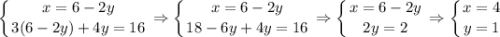 $\left \{ {{x=6-2y} \atop {3(6-2y)+4y=16}} \right.\Rightarrow \left \{ {{x=6-2y} \atop {18-6y+4y=16}} \right. \Rightarrow \left \{ {{x=6-2y} \atop {2y=2}} \right. \Rightarrow \left \{ {{x=4} \atop {y=1}} \right.