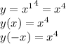 y ={{x}^{1}}^{4} = {x}^{4 } \\ y(x) = {x}^{4} \\ y( - x) = {x}^{4}