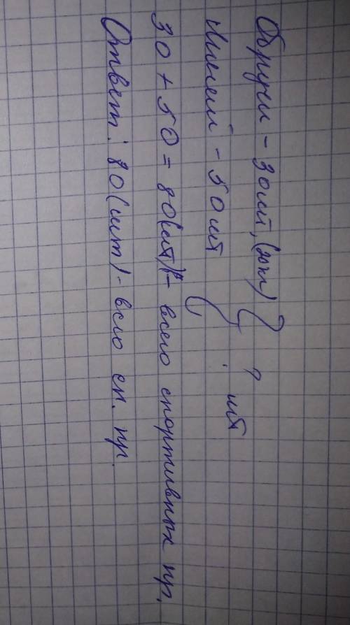 Спортивный магазин завезли 30 обручи 20 кг и 50 мячей сколько всего спортивных предметов спортивный