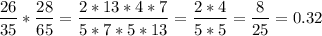 \displaystyle\\\frac{26}{35} *\frac{28}{65} =\frac{2*13*4*7}{5*7*5*13}=\frac{2*4}{5*5} =\frac{8}{25} =0.32\\