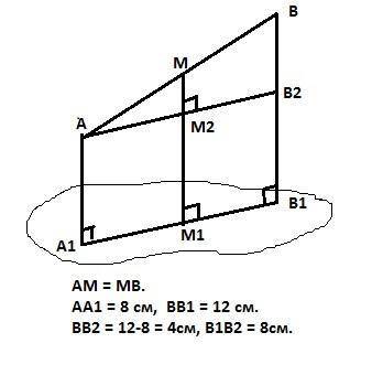 Концы отрезка отстоят от плоскости а на расстояниях 12 и 8 см. найдите расстояние от середины отрезк