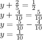 y + \frac{2}{5} = \frac{1}{2} \\ y + \frac{4}{10} = \frac{5}{10} \\ y = \frac{5}{10} - \frac{4}{10} \\ y = \frac{1}{10}