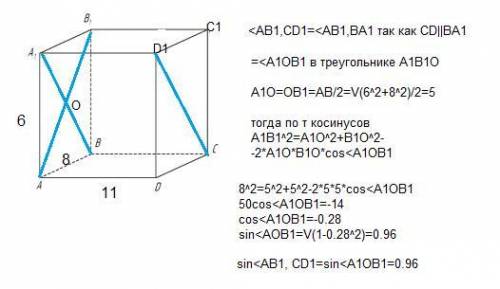 Впрямоугольном параллелепипеде авсdа1в1с1d1 известны длины рёбер ав=8, ad=11, aa1=6. найдите синус у