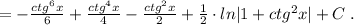 =-\frac{ctg^6x}{6}+\frac{ctg^4x}{4}-\frac{ctg^2x}{2}+\frac{1}{2}\cdot ln|1+ctg^2x|+C\; .