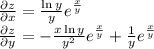 \frac{\partial z}{\partial x} = \frac{\ln y}{y} e^\frac{x}{y}\\\frac{\partial z}{\partial y} = -\frac{x \ln y}{y^2} e^\frac{x}{y} + \frac{1}{y} e^\frac{x}{y}