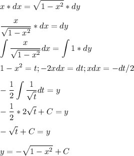 \displaystyle x*dx=\sqrt{1-x^2}*dy\\\\\frac{x}{\sqrt{1-x^2}}*dx=dy\\\\\int \frac{x}{\sqrt{1-x^2}}dx=\int 1*dy\\\\ 1-x^2=t; -2xdx=dt; xdx=-dt/2\\\\-\frac{1}{2} \int \frac{1}{\sqrt{t}}dt=y\\\\-\frac{1}{2}*2\sqrt{t}+C=y\\\\-\sqrt{t}+C=y\\\\y=-\sqrt{1-x^2}+C