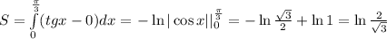 S=\int\limits_0^{\frac\pi3}(tg x-0)dx=\left.-\ln|\cos x|\right|_0^{\frac\pi3}=-\ln\frac{\sqrt3}2+\ln1=\ln\frac2{\sqrt3}